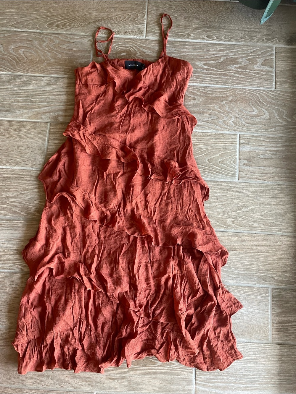 MINKPINK Rust Orange Tiered Slip Midi Dress
